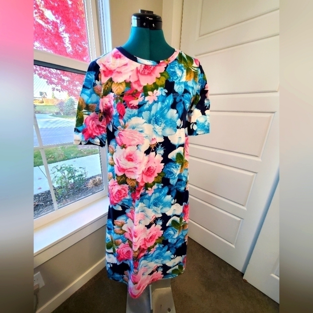 SWEET SALT MODEST CLOTHING SHORT SLEEVE BLUE PINK FLORAL MIDI DRESS WOMEN SMALL